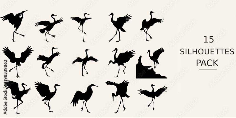 Fototapeta premium Crane Bird Dancing Silhouette - Full Body View Bold Black Shape Black Vector Clipart on White Background
