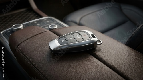 Leather center console interior detail featuring a luxury car key fob
