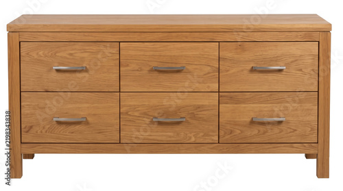 Modern wooden dresser with six drawers and metal handles