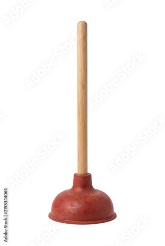 Red rubber toilet plunger with wooden handle