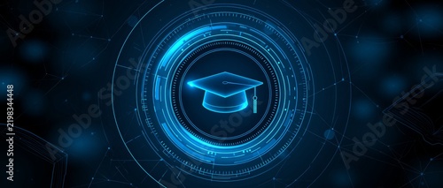 Graduation cap education technology digital blue hologram learning school future network symbol in circular interface with abstract connection on dark background