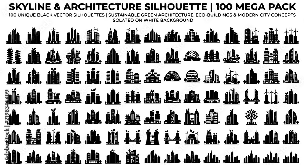 Fototapeta premium 100 Mega Pack Black Vector Silhouettes: Cityscapes, Architecture, Sustainable Green Buildings, Eco Concepts, Modern City Elements, Isolated on White Background