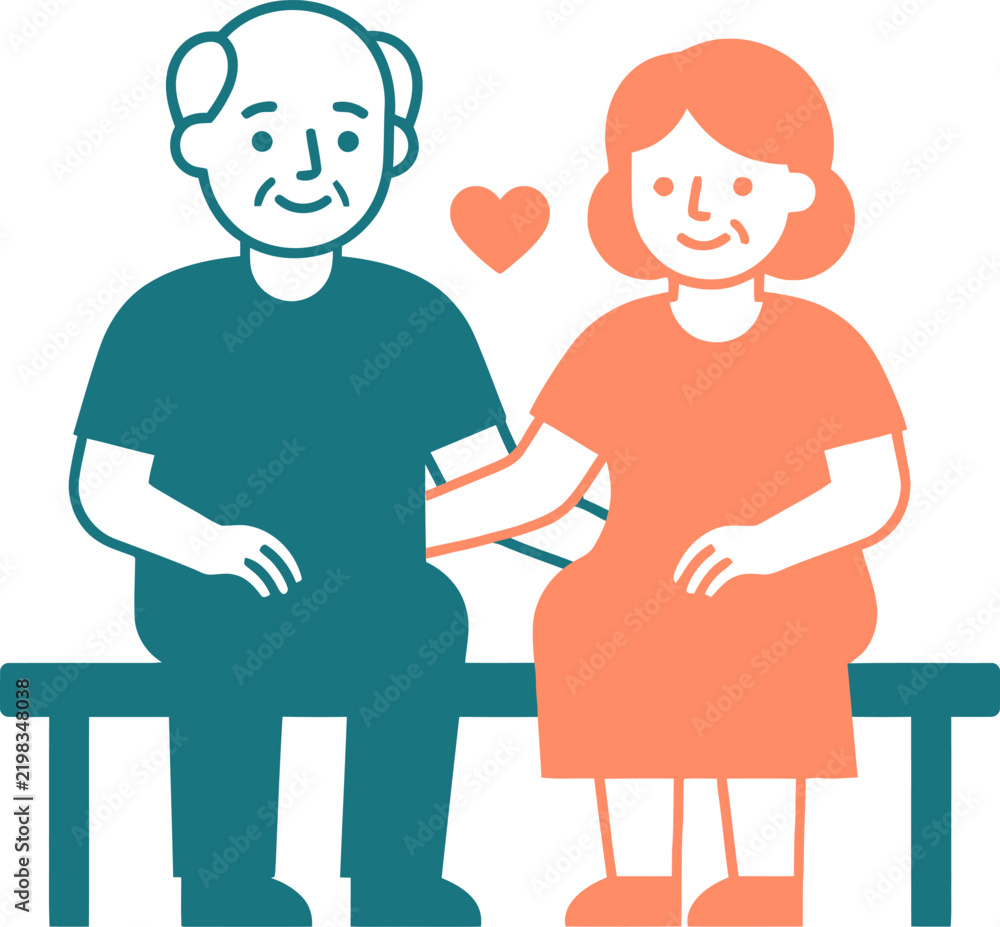 Fototapeta premium Elderly Couple Sitting Together on a Bench Celebrating Long Lasting Relationship and Eternal Love Illustration