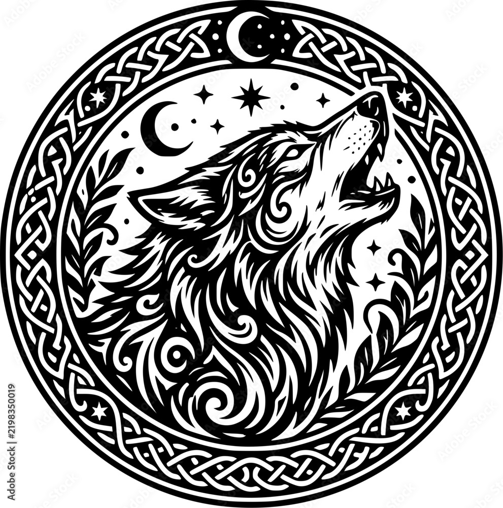 Fototapeta premium Black and white howling wolf head illustration inside a celtic knot circle