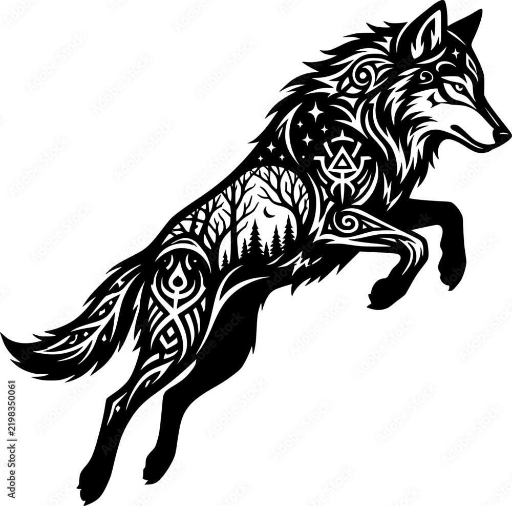 Obraz premium Black and white tribal wolf silhouette with forest landscape double exposure