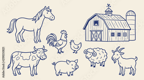 Cuadro en lienzo Farm animals and barn collection outline vector illustration with horse cow pig