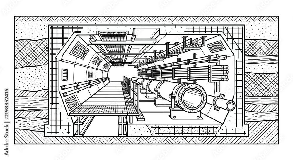 Fototapeta premium Cross section of a futuristic tunnel with advanced technology and machinery.