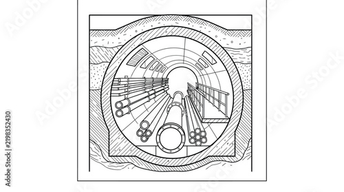 Cross section of a tunnel boring machine and tunnel construction.