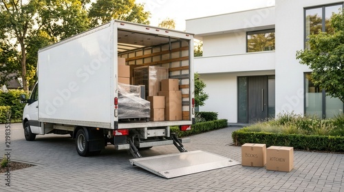 Loading boxes into truck at residential property during moving