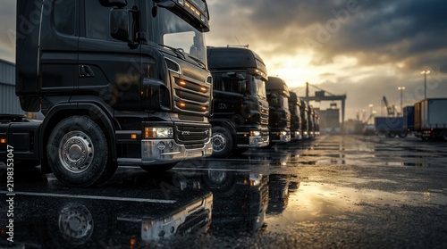 A line of powerful semi trucks parked in an industrial depot at dawn with dramatic lighting and reflections on the wet asphalt.