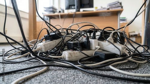 Messy wires tangled with overloaded power strip extension cords on office floor