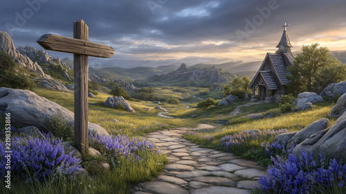 Serene countryside chapel and cross path