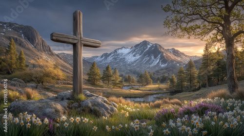 Serene mountain cross in wildflower meadow