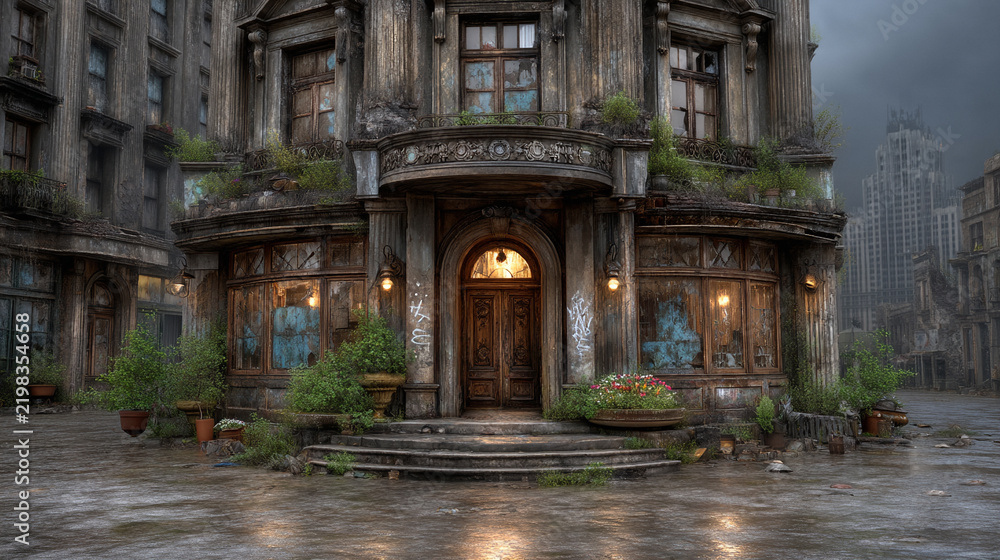 Fototapeta premium Vintage urban building facade with aged entrance