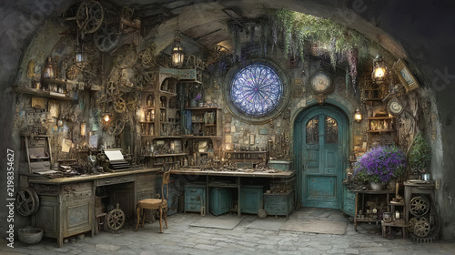 Vintage alchemist workshop interior with steampunk elements
