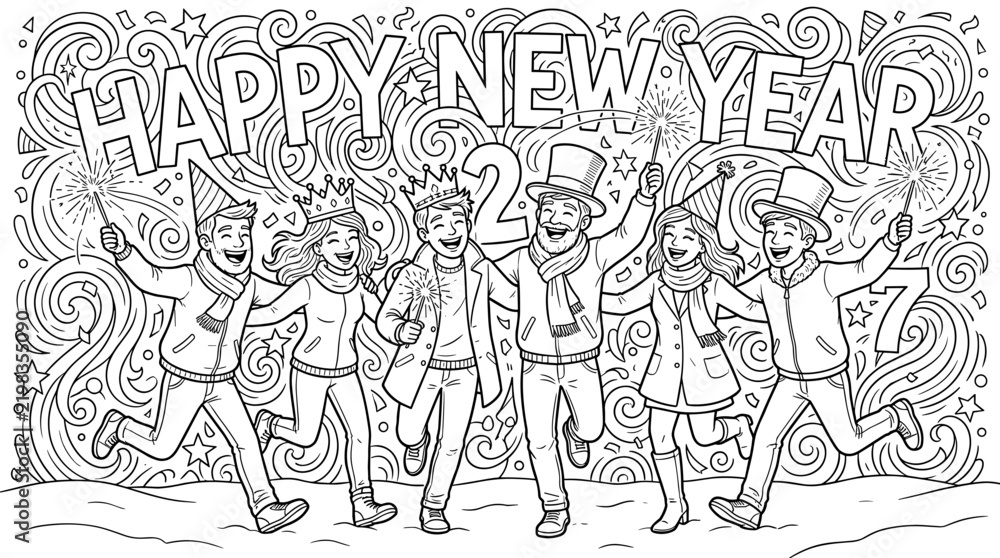 Fototapeta premium Happy New Year celebration with diverse friends holding sparklers and wearing party hats, festive confetti background, line art style