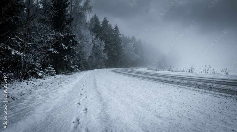 Fototapeta premium Eerie Winter Horror Landscape with Winding Snowy Road and Footprints Leading into a Dark Foggy Forest with Copy Space