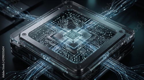 Tapety artystyczne Microchip processor unit with glowing digital data circuits representing advanced artificial intelligence and high performance computing technology.