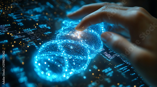 Close-up of hologram depicting mythical DNA strands beside actual glowing fetus 