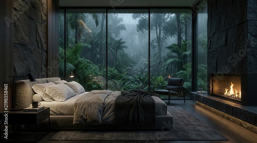 A warm fireplace and large glass windows in a modern minimalist bedroom