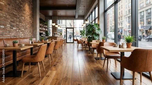 Bright and inviting modern café with natural decor accents, upholstered seating, and polished wood floors