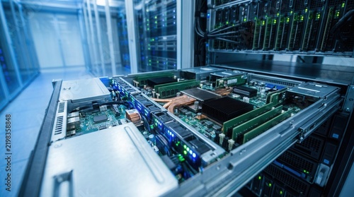 Corporate IT infrastructure maintenance featuring a server blade pulled from a data center rack with high performance cooling heat pipes and circuit board processors