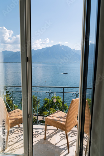 Lake Geneva view through open doors in Montreux Switzerland