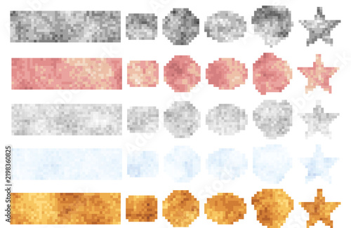 Pixelated censor blocks in gray, pink, blue, and orange, arranged as rectangles, squares, circles, ovals, blobs, and stars. Mosaic blur collection for privacy, redaction, and playful design uses.
