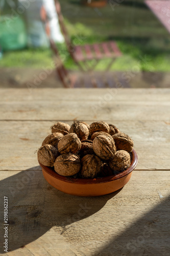 Fresh Uncracked Walnuts in Terracotta Bowl with Autumn Sunlight