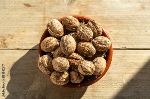 Fresh Uncracked Walnuts in Terracotta Bowl with Autumn Sunlight