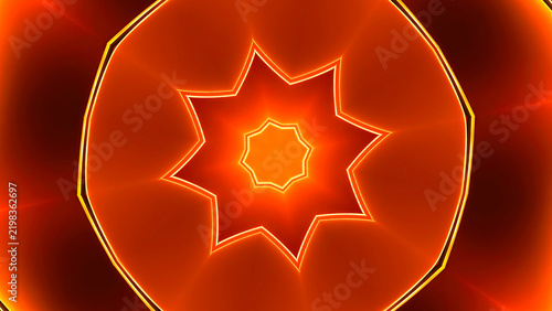 Abstract Glowing Star Kaleidoscope Pattern in Fiery Orange and Red Hues.