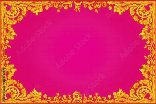 Traditional Indian wedding invitation card background with ornate golden border on vibrant pink texture