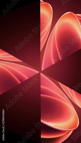 Abstract Red and Orange Geometric Shapes with Glowing Lines on a Dark Background.