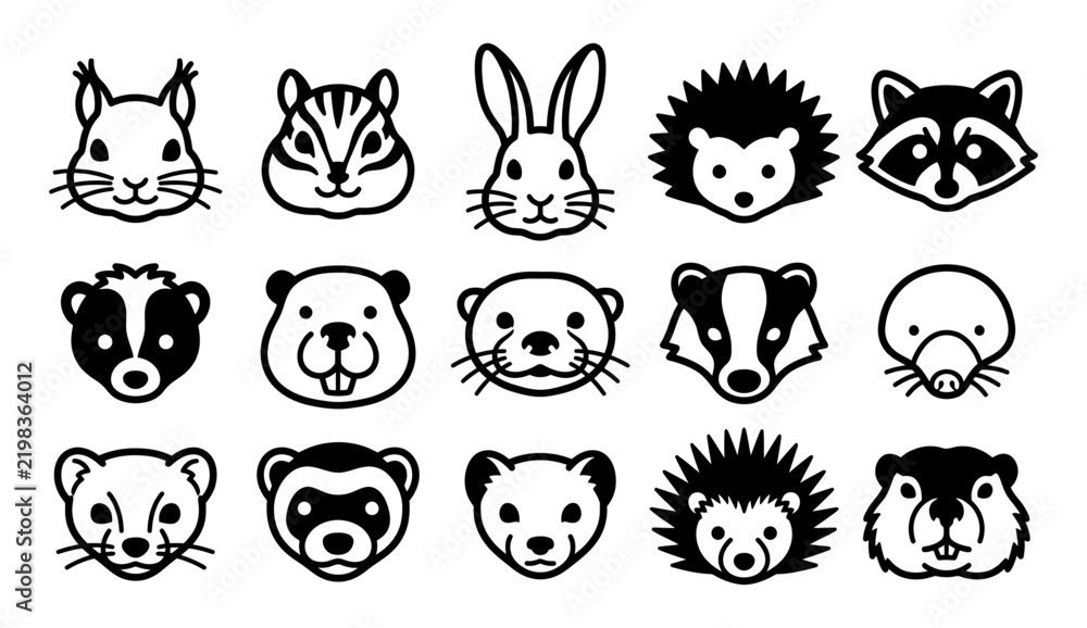 Obraz premium Set of cute woodland animal faces hand drawn in a simple black and white doodle style illustration