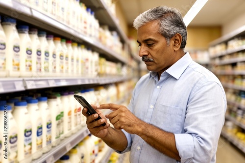 Mature Indian man checking smartphone while shopping for dairy milk bottles in supermarket aisle