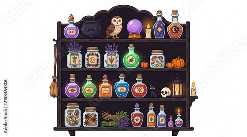 Witch potion shelf illustration with magic potion bottles cauldron owl and spell ingredients