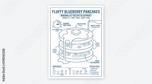Fluffy blueberry pancakes recipe illustration with detailed instructions and ingredients
