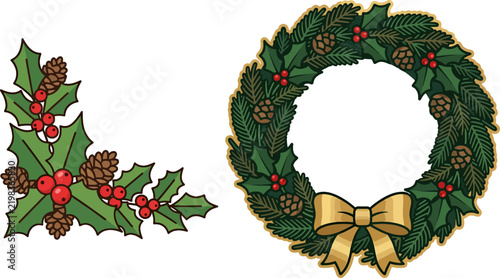 Decorative christmas corner with holly berries and pine cones.