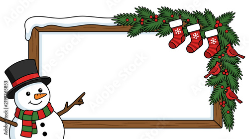 Snowman frame with christmas stockings and pine branches for holiday decorations