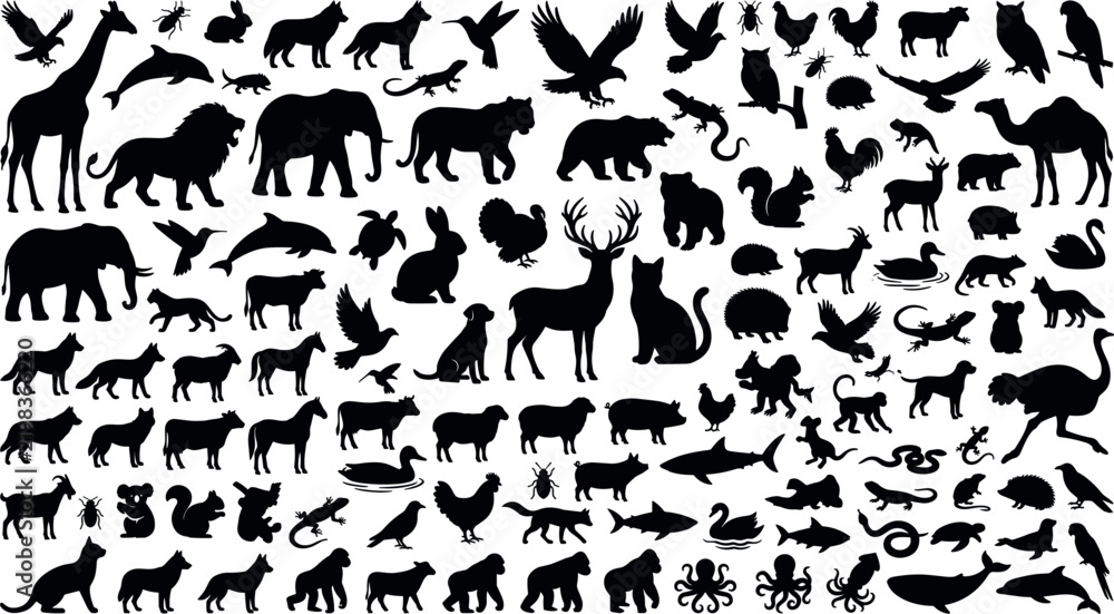 Obraz premium Mega Wild and Domestic Animal Silhouette Collection Vector Set with Mammals, Birds, Insects, and Marine Life