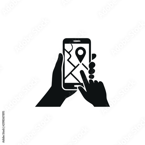 Mobile GPS navigation map icon, hand holding smartphone with location pin vector, digital tracking and travel route app interface graphic