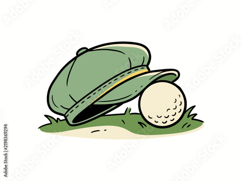 Cartoon illustration of a golf ball and a green flat cap resting on a patch of grass with a sand trap.