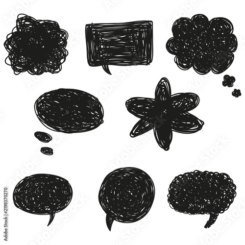 Hand drawn scribble speech bubbles set, black ink doodle chat clouds collection, messy sketch thought bubbles for comic and social media design