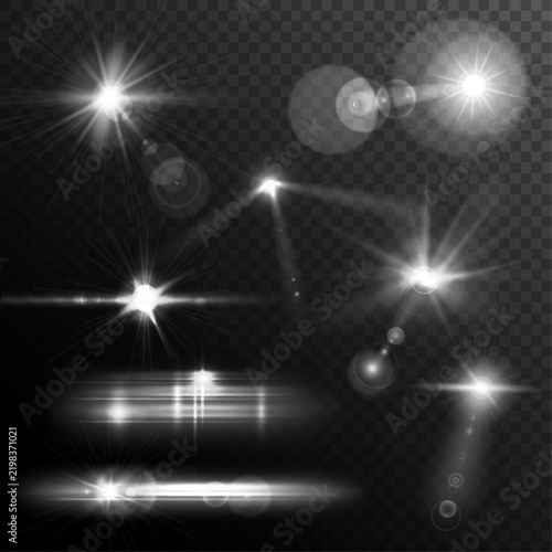 Glowing lens flare effects set, bright white light bursts and sun rays on transparent background, cinematic optical flares for photo editing