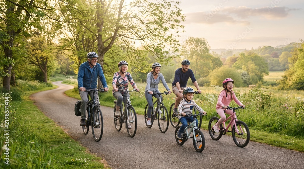 Fototapeta premium Multi-generational family riding bicycles along a countryside path surrounded by green foliage