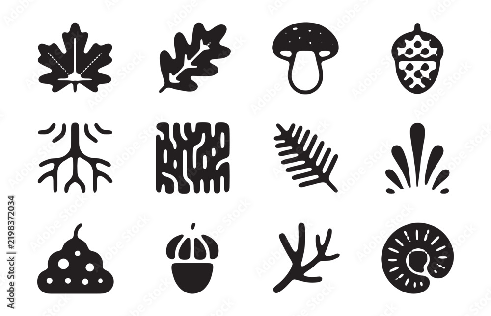 Obraz premium Forest and nature graphic elements vector icon set with flat silhouettes on transparent backdrop.