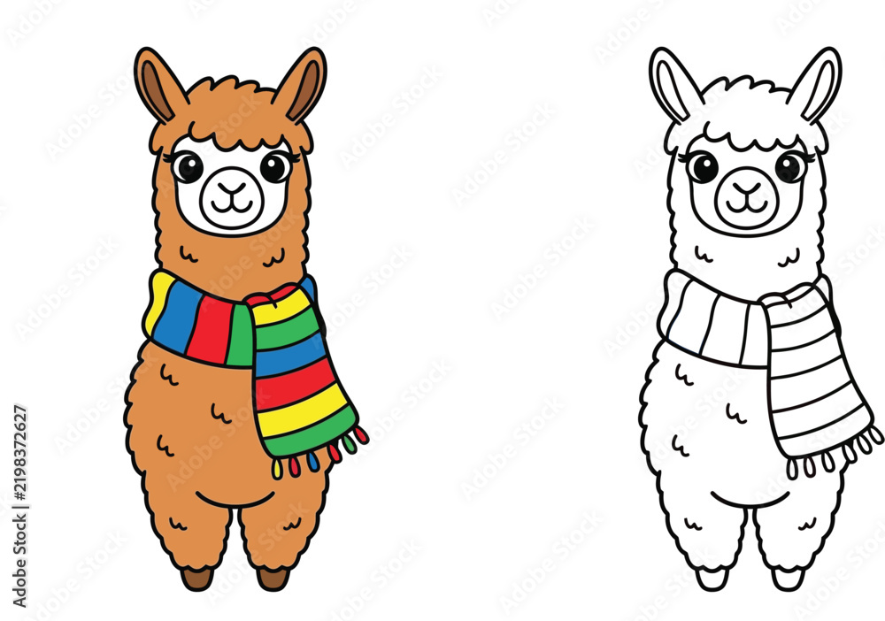Fototapeta premium Cute fluffy llama wearing striped winter scarf with coloring page outline vector illustration