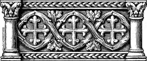 Byzantine antique engraving border with interlace and crosses for decorative frame and ornamental background design