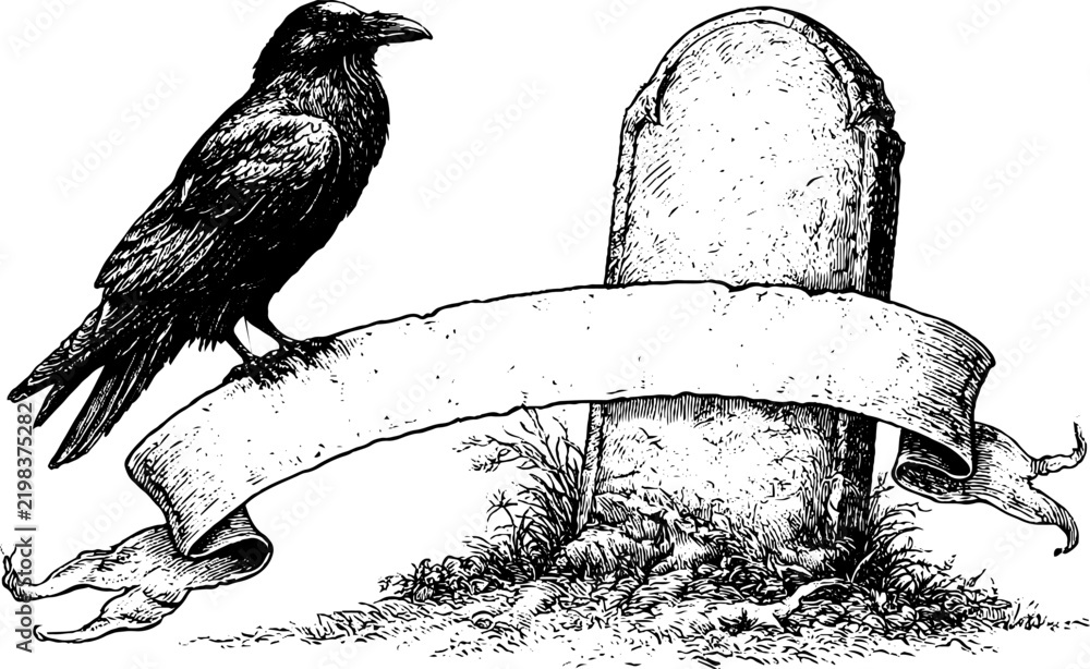 Obraz premium Antique engraved halloween raven standing beside a tombstone with a blank ribbon banner for customizable halloween label and sign design