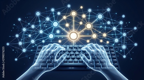 Glowing holographic keyboard and hands typing with a complex network of data connections glowing above in a dark digital space